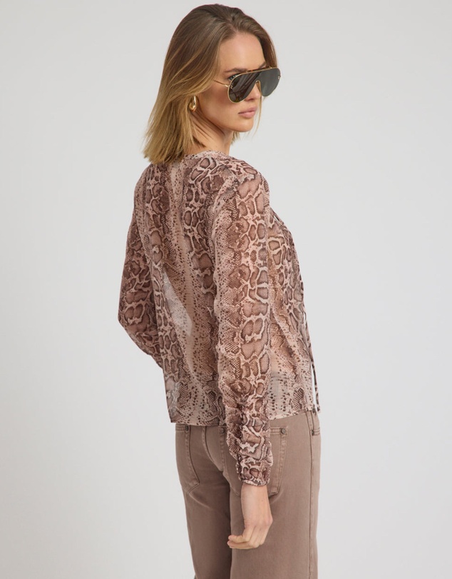 ONE TEASPOON - Brandy Sheer Chiffon Keyhole Long Sleeve Top - Cognac Snake