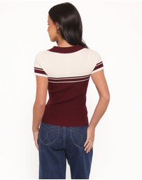 Petal & Pup - Maris Knit Polo Top - Burgundy/Cream Stripe