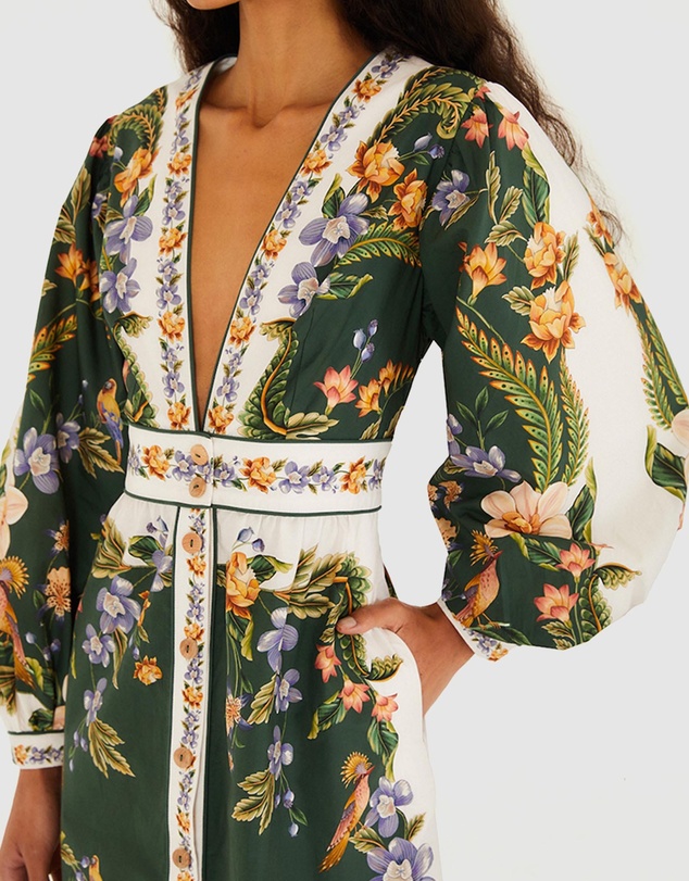Farm Rio - Green Nature V Neck Buttoned Maxi Dress