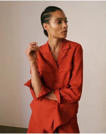 Trenery - Linen Pocket Detail Long Sleeve Shirt in Cherry Red
