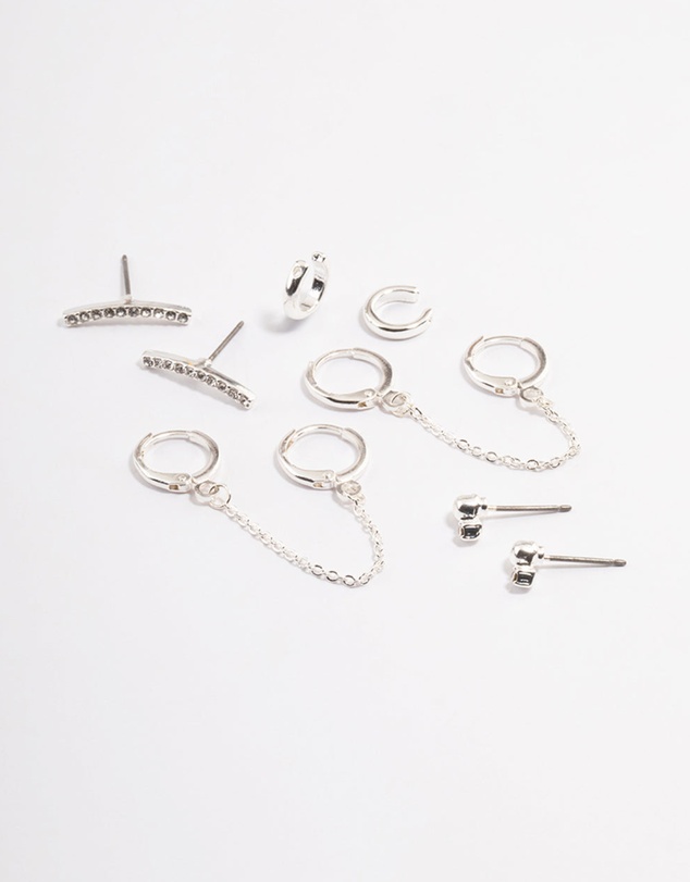Lovisa - Silver Diamante Huggie Chain Earrings 5-Pack