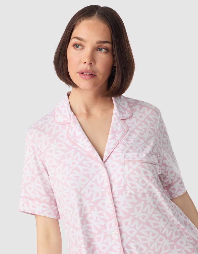 DKNY - Logo Print Viscose Jersey Short Sleeve Button Up Short Pyjama Set