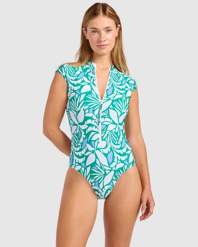 Seafolly - Retro Reef Cap Sleeve Zip Front One Piece Swimsuit