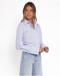 Petal & Pup - Vienne Tie Back Button Up Shirt - Blue/Brown Stripe
