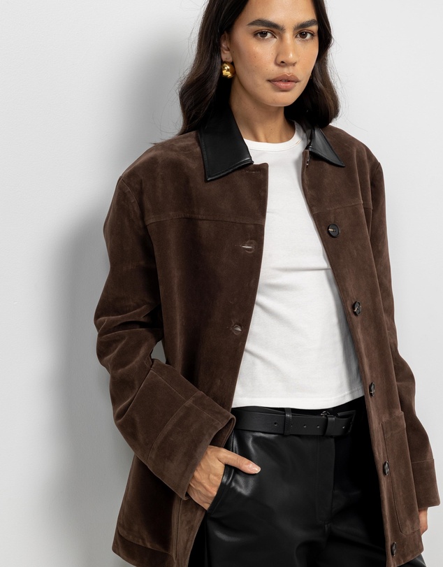 AERE - Contrast Collar Suede Look Jacket