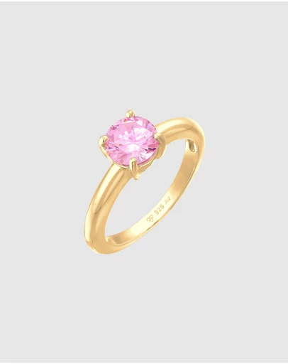 Elli Jewelry - Pink Zirconia Solitaire Ring in Gold-Plated 925 Silver