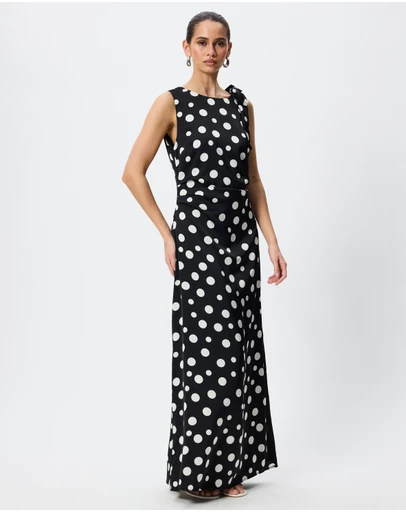 Tussah - Felicity Polka Dot Satin Lace Trim Asymmetric Midi Dress