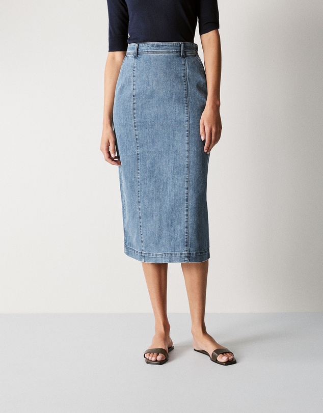 Trenery - Denim Pintuck Detail Skirt in Washed Indigo