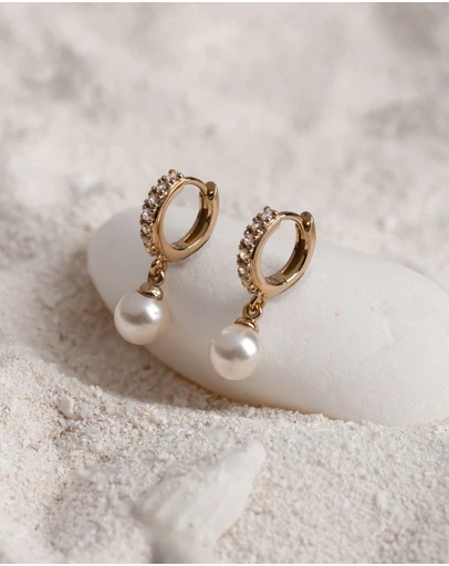 Wanderlust + Co - Pave Pearl Gold Drop 7mm Baby Huggie Earrings