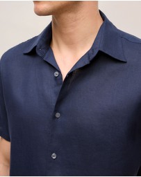 Trenery - Regular Fit Linen Short Sleeve Shirt in Navy
