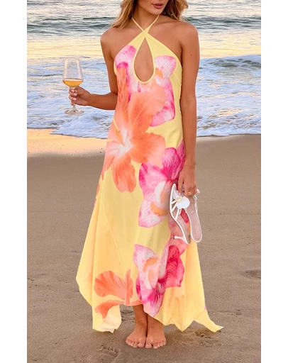 Beginning Boutique - Elowen Yellow Hibiscus Floral Halter Maxi Dress