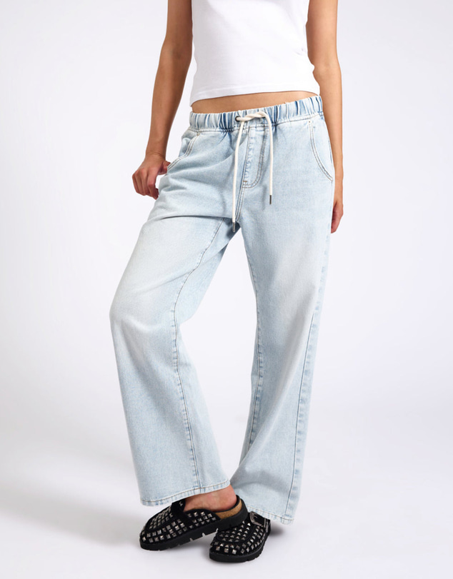 ONE TEASPOON - Roadhouse Mid Waist Wide Leg Drawstring Denim Jean - Blue Latte