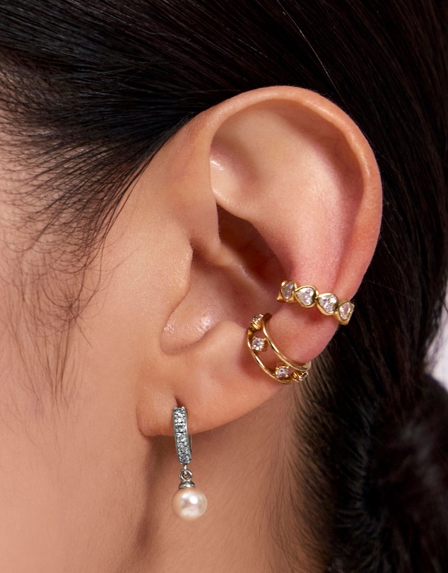 Wanderlust + Co - Pave Pearl Silver Drop 7mm Baby Huggie Earrings