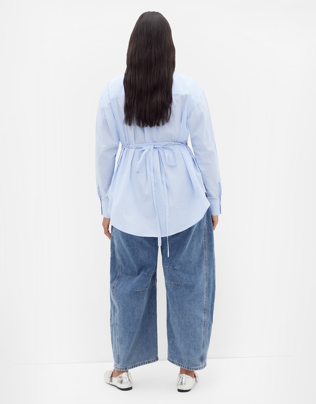 City Chic - Plus size Neck Tie Cotton Stripe Shirt - sky blue