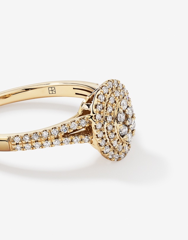 Michael Hill - 0.30 Carat TW Oval Shaped Cluster Diamond Halo Engagement Ring in 10kt Yellow Gold