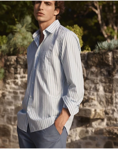 Trenery - Cotton Poplin Multi Stripe Shirt in Chalk Blue