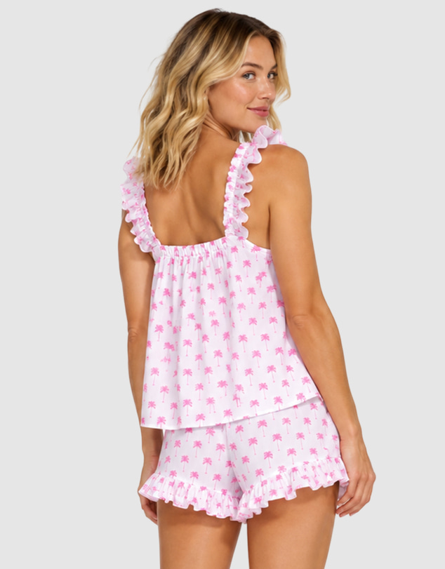 Sant And Abel - Women's Pink Palm Tree Frill Tank PJ Set