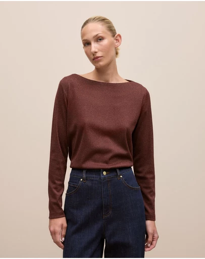 Trenery - Metallic Boat Neck Long Sleeve T-shirt in Espresso