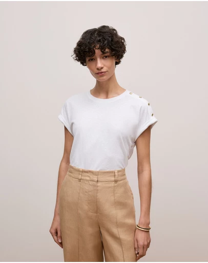 Trenery - Linen Cotton Button Detail T-shirt in White