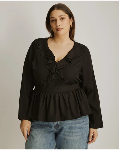 Atmos&Here Curvy - Lyric V-Neck Ruffled Long Sleeve Top