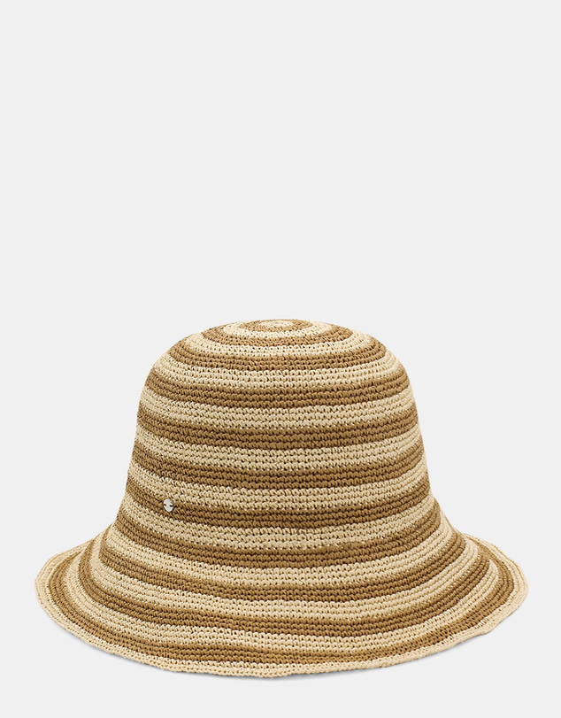 Morgan & Taylor - Dune Crochet Straw Bucket Hat in Tan Natural and Beige Stripe