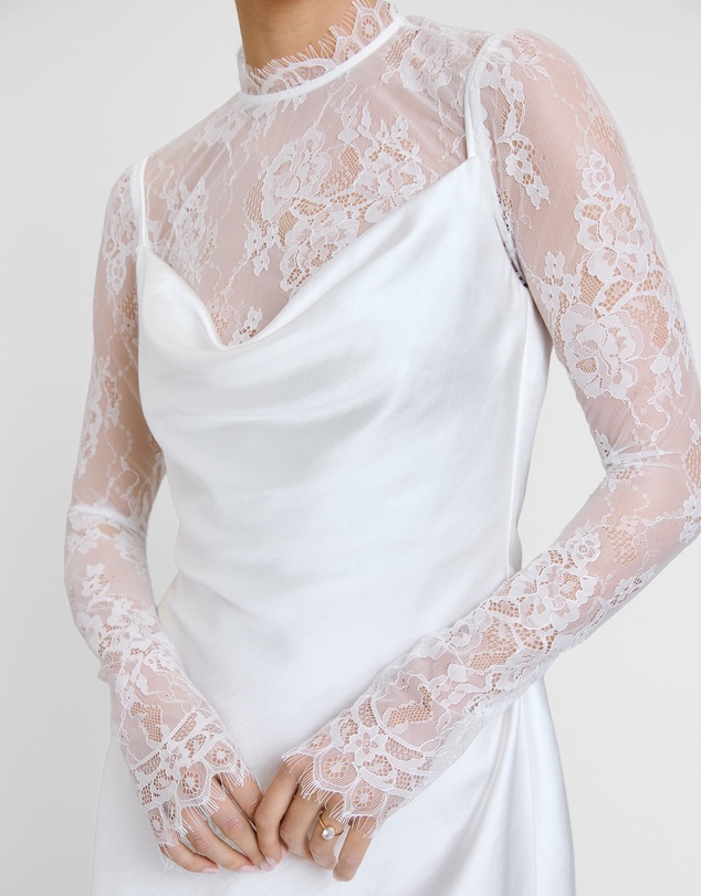 Six Stories - Lace Sleeve Cowl Satin Mini Dress