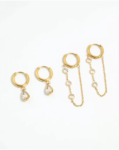 Lovisa - Waterproof Gold Plated Stainless Steel Cubic Zirconia Chain Droplet Earrings 2-Pack