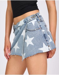 ONE TEASPOON - Wrap Low Waist Mini Denim Skirt - Starwash Blue