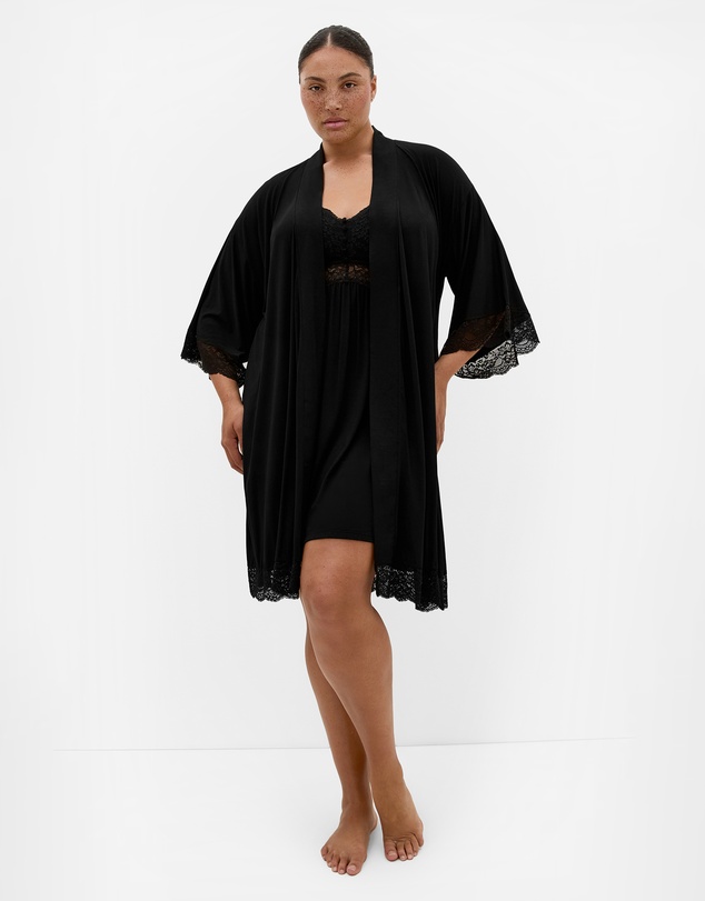 City Chic - Plus size Gizelle Lace Trim Sleep Robe - black