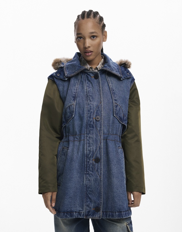 Desigual - Denim coat with faux fur trim