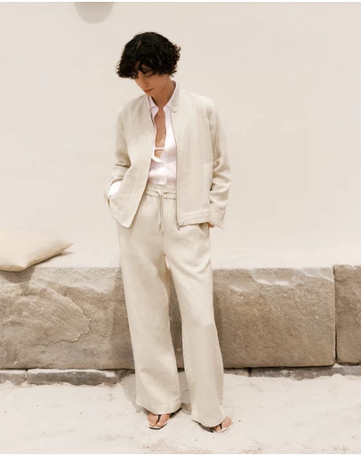 Trenery - Yarn Dyed Linen Drawcord Wide Leg Pant in Flax