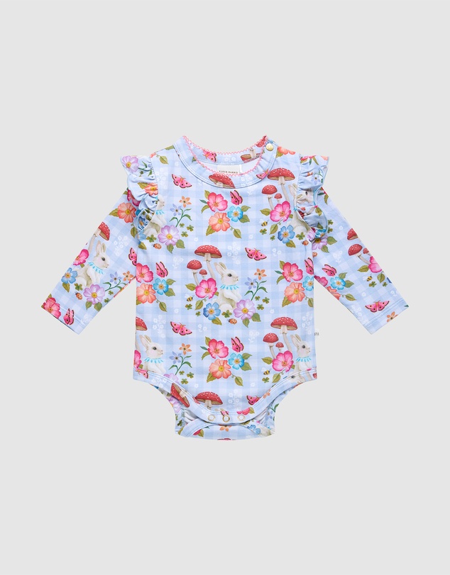 Fleur Harris - 'Curious Bunny' Frill Bodysuit in Cornflower