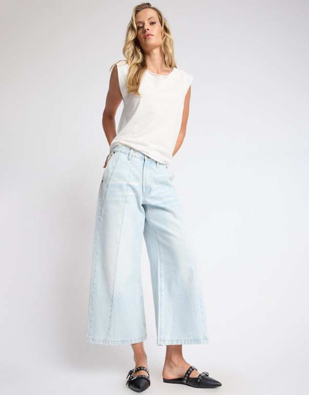 ONE TEASPOON - Jackson Mid Waist Wide Leg Denim Jeans - Blue Chrome