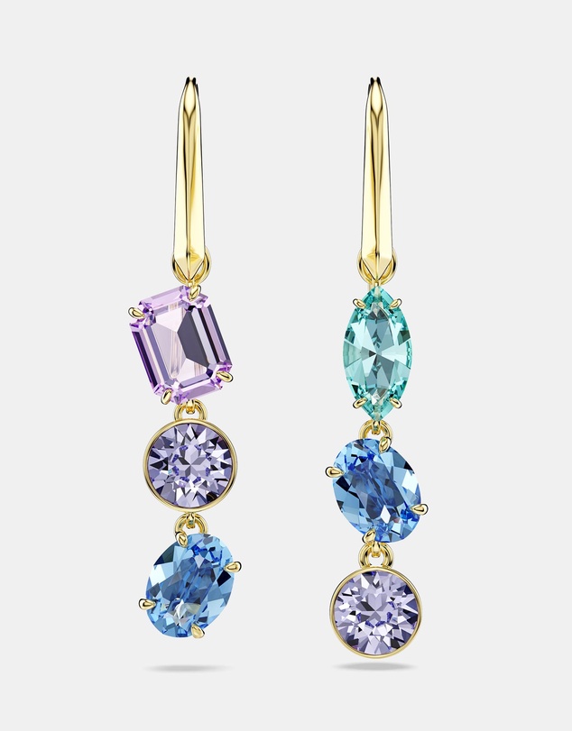 Swarovski - Gema Drop Earrings, Asymmetrical Design, Mixed Cuts, Multicolored, Gold-tone Plated