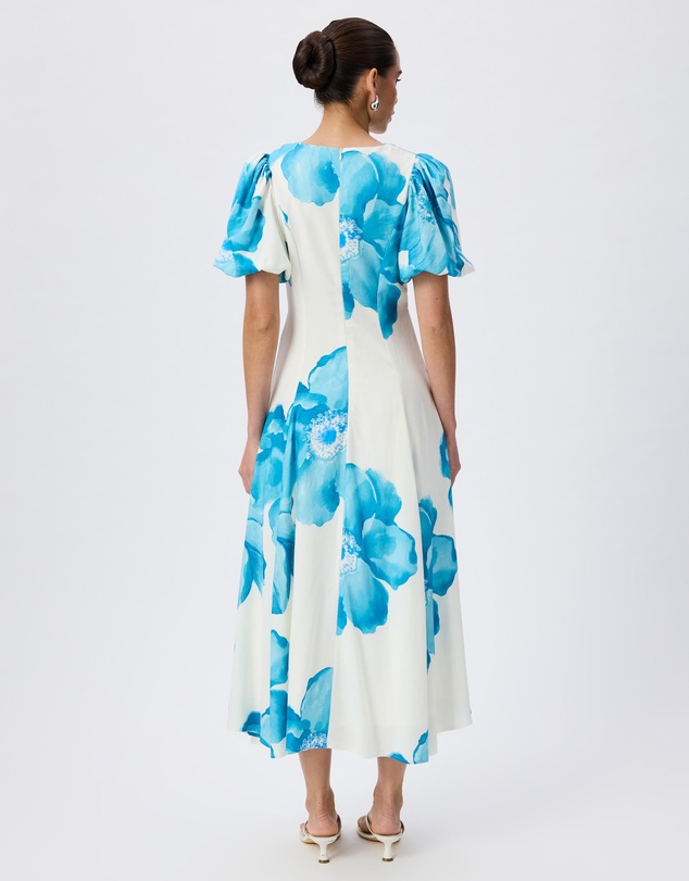 Tussah - Chiara Linen Blend Floral Print Twist Front Puff Sleeve Midi Dress