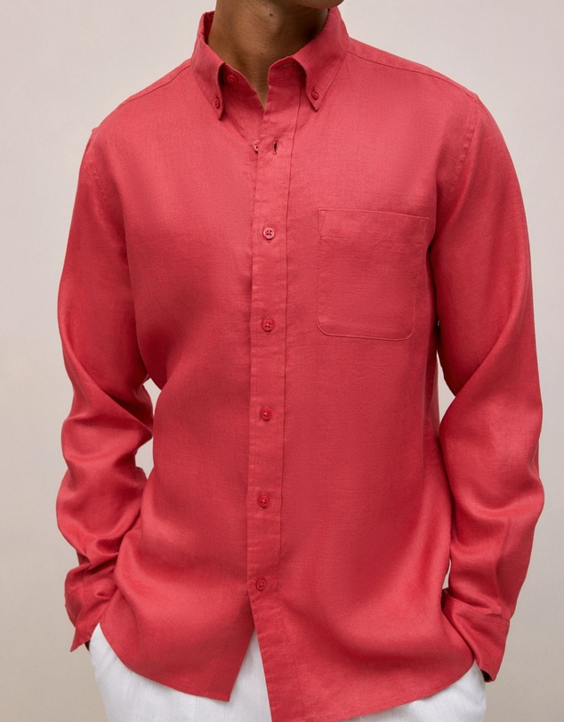 Trenery - Regular Fit Linen Classic Long Sleeve Shirt in Crimson