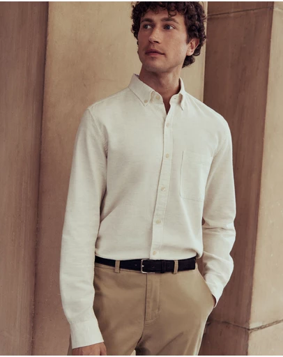Trenery - Regular Fit Brushed Cotton Flecked Shirt in Oatmeal Marle