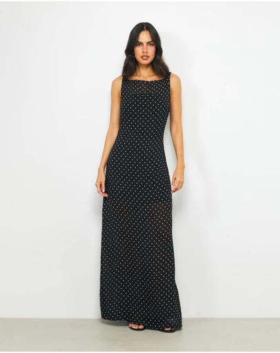 AERE - Cora Boatneck Polka Dot Maxi Dress