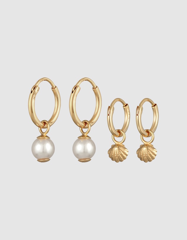 Elli Jewelry - Earrings Creoles Shell Pendant Set of 2 with Shell Core Pearl in 925 Sterling Silver Gold Plated