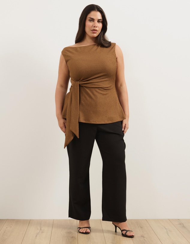 Atmos&Here Curvy - Textured Cut Sew One Shoulder Top With Waist Tie Detail