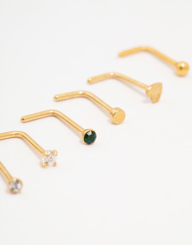 Lovisa - Gold Plated Surgical Steel Heart Diamante Nose 6-Pack