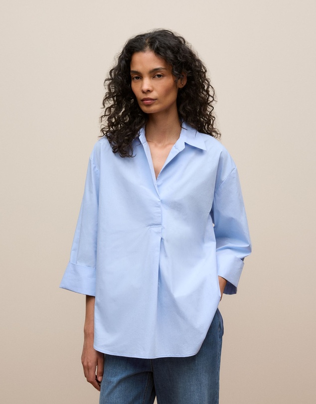 Trenery - Yarn Dyed Cotton Poplin Half Sleeve Shirt in Sky