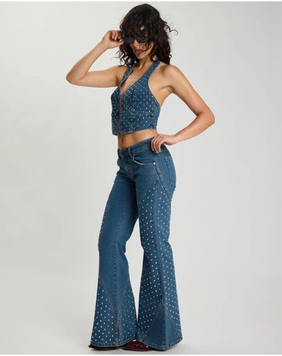 ONE TEASPOON - Chrome Edge Mid Waist Flared Studded Denim Jeans - Eclipse Blue
