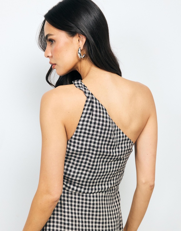AERE - Ciela Gingham One Shoulder Midi Dress