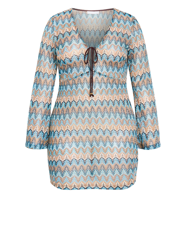 City Chic - Plus size Breeze Print Bell Sleeve Mini Dress - blue multi