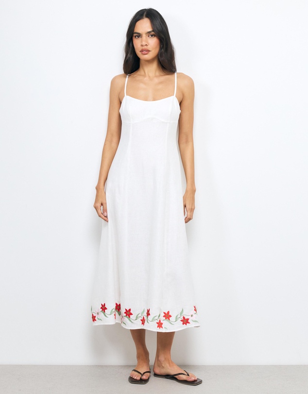 AERE - Sybella Embroidered Linen Midi Dress