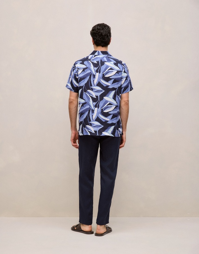 Trenery - Painted Leaf Linen Camp Shirt in Navy