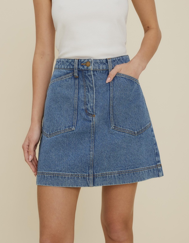 The Fated - Pocket Detail A-Line Denim Mini Skirt