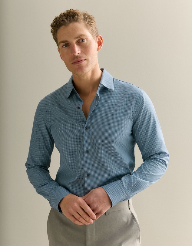 Trenery - Tailored Fit Cotton Poplin Micro Spot Shirt in Petrol Blue