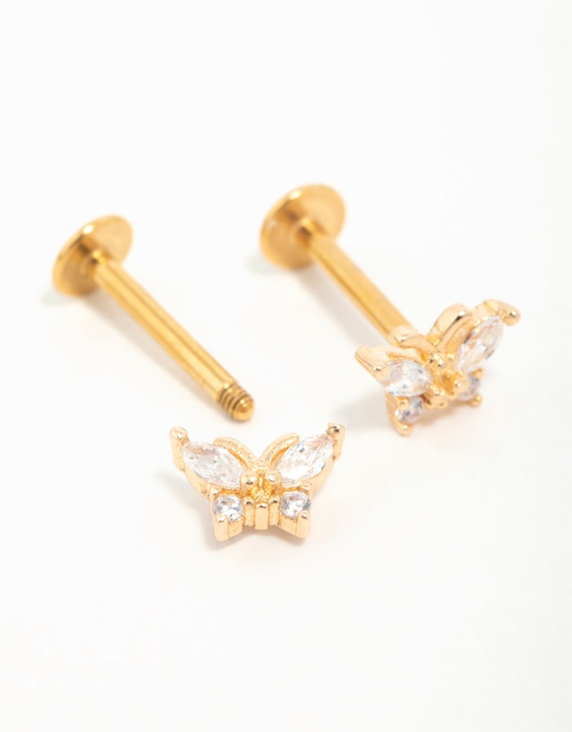 Lovisa - Gold Plated Surgical Steel Cubic Zirconia Butterfly Flat Back Earrings